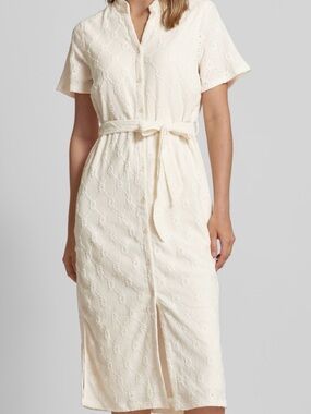 VILA Cream Eyelet Button-Front Midi Dress with Tie Waist